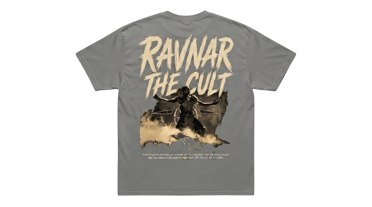 Ravnar The Cult heavyweight cotton t-shirt in grey with a graphic print on the back