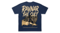 Ravnar The Cult navy heavyweight cotton t-shirt with back graphic print featuring a silhouette and distressed text