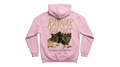 Back view of Ravnar The Cult hoodie in light pink heavyweight cotton with a graphic print and text design.