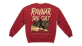 Ravnar The Cult heavyweight red cotton sweatshirt with graphic back print featuring a silhouette and bold lettering.