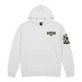 Ravnar Crest hoodie in white heavyweight cotton with black logo on chest and sleeve graphic