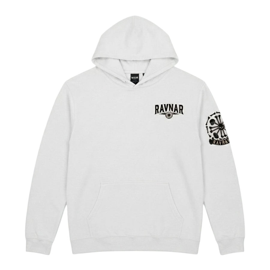Ravnar Crest hoodie in white heavyweight cotton with black logo on chest and sleeve graphic