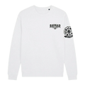 Ravnar white heavyweight sweatshirt featuring a black crest logo on the chest and a detailed graphic on the sleeve.