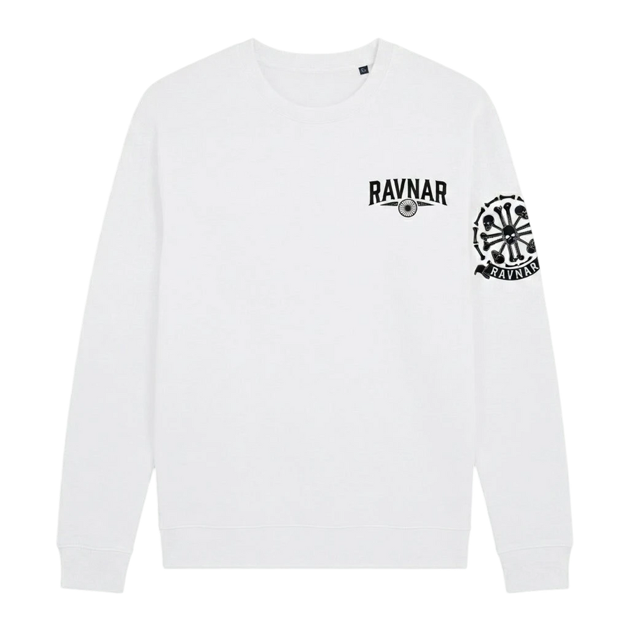 Ravnar white heavyweight sweatshirt featuring a black crest logo on the chest and a detailed graphic on the sleeve.