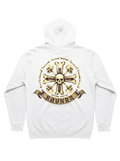 Ravnar white heavyweight hoodie featuring a detailed Crown of Bones graphic on the back with skulls and scroll text.