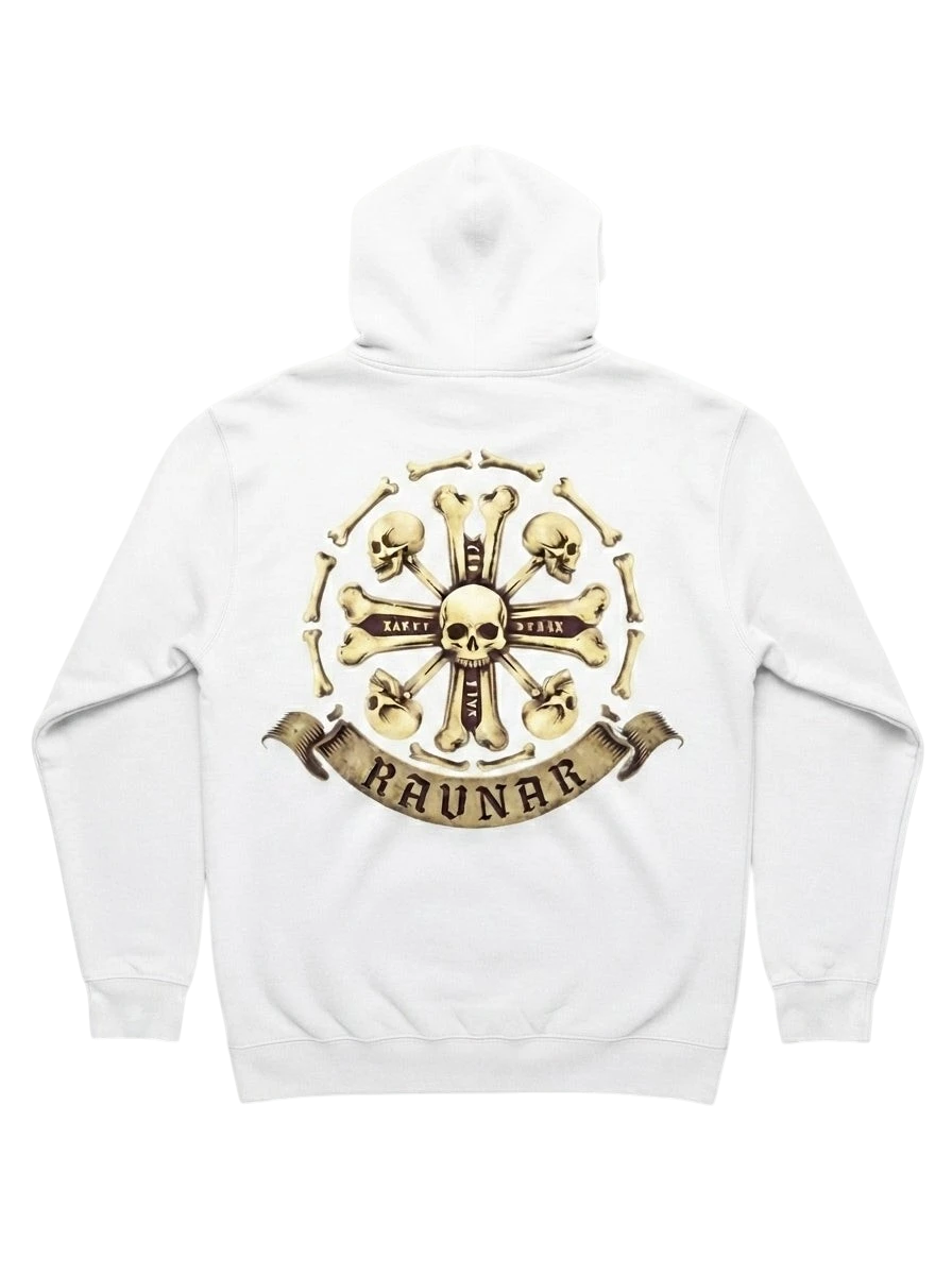 Ravnar white heavyweight hoodie featuring a detailed Crown of Bones graphic on the back with skulls and scroll text.