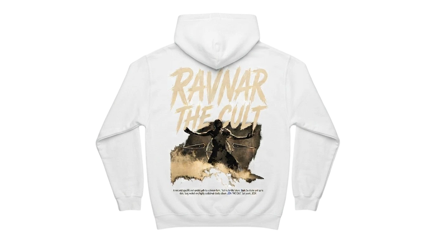 Ravnar The Cult white heavyweight cotton hoodie featuring a large graphic print on the back