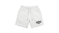 Ravnar white heavyweight cotton shorts with a relaxed fit, drawstring waist, and black logo detail.