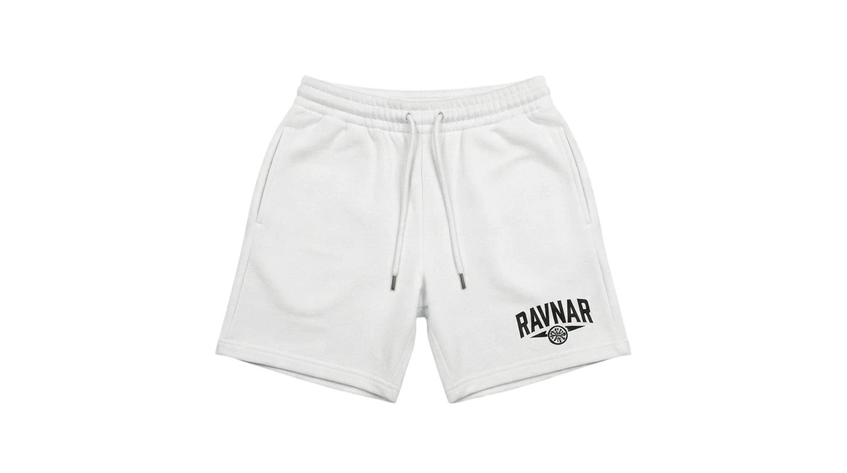 Ravnar white heavyweight cotton shorts with a relaxed fit, drawstring waist, and black logo detail.