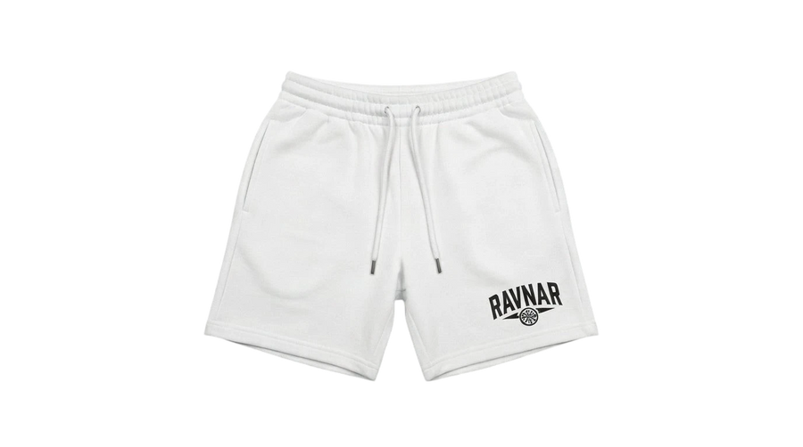 Ravnar white heavyweight cotton shorts with a relaxed fit, drawstring waist, and black logo detail.