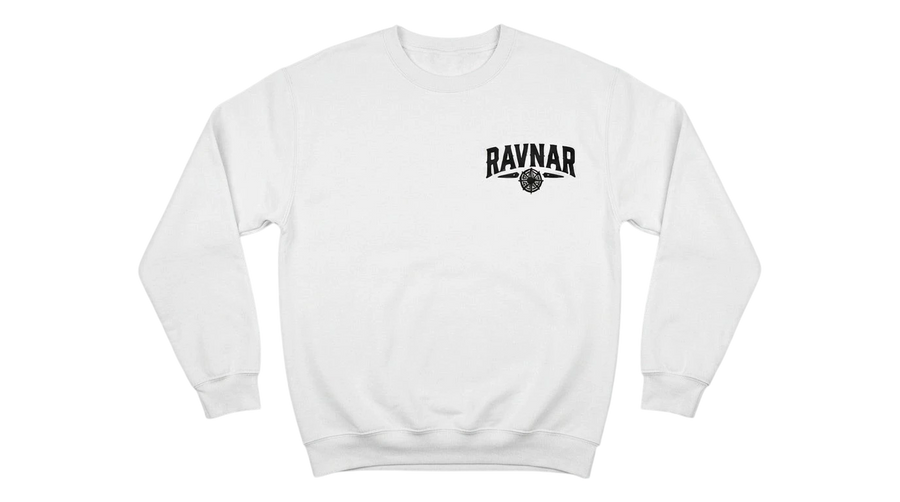 Ravnar white heavyweight cotton sweatshirt featuring a black logo on the chest with a structured fit