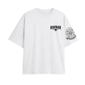 Ravnar white heavyweight cotton t-shirt featuring a black chest logo and a detailed skull and bone sleeve graphic.