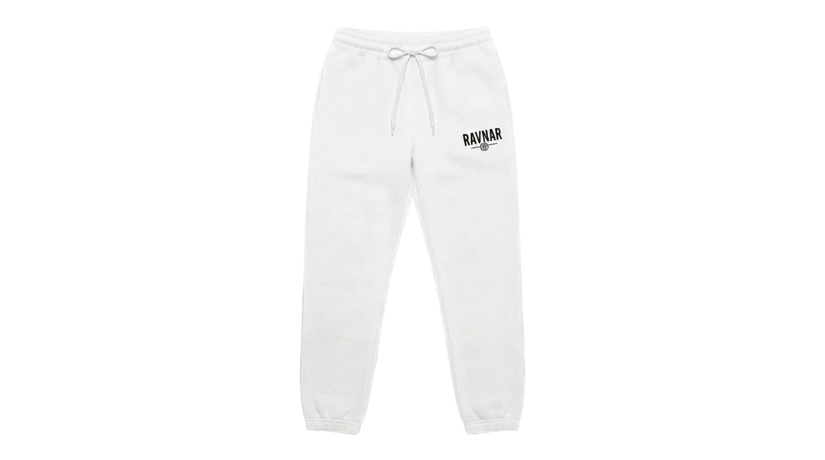 Ravnar white heavyweight sweatpants with a drawstring waist and black logo detail on the left hip.