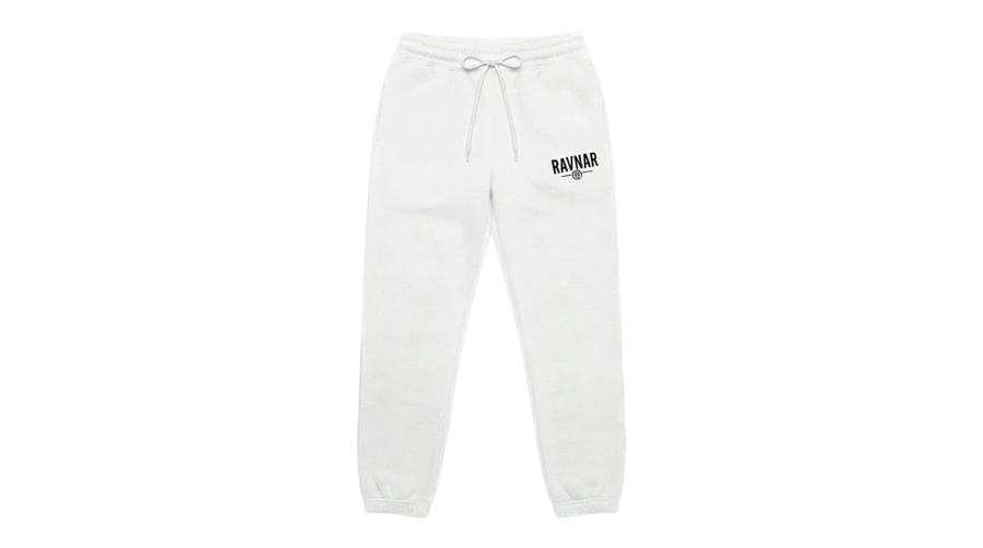 Ravnar white heavyweight sweatpants with a drawstring waist and black logo detail on the left hip.