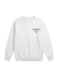 Ravnar white heavyweight sweatshirt with a small grey logo on the chest, featuring a structured premium fit.