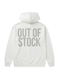 Ravnar heavyweight white hoodie with Out of Stock text printed on the back, featuring a structured fit.