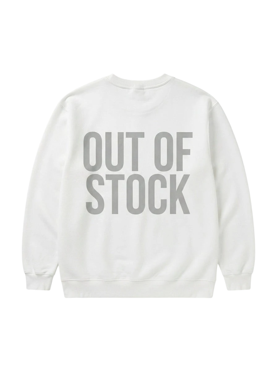 Ravnar white heavyweight sweatshirt featuring Out Of Stock text on the back in a structured streetwear style