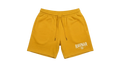 Ravnar yellow heavyweight cotton shorts with a relaxed fit, drawstring waist, and white logo detail.