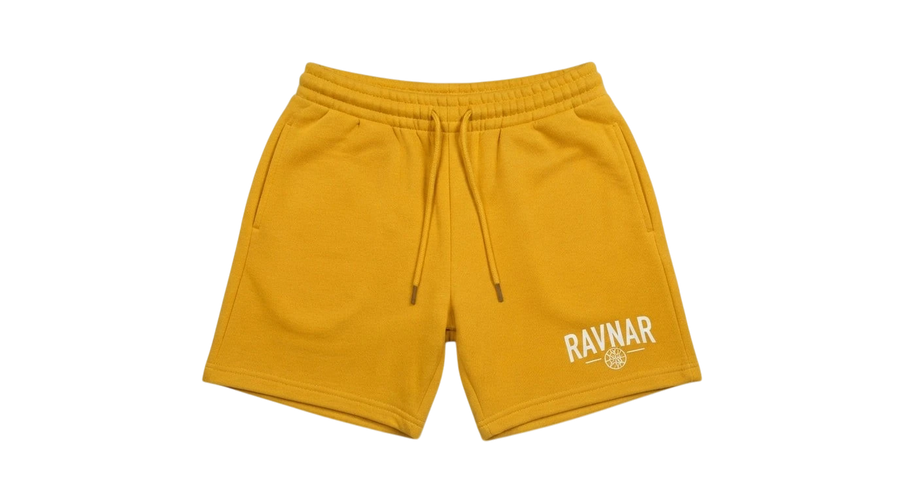Ravnar yellow heavyweight cotton shorts with a relaxed fit, drawstring waist, and white logo detail.